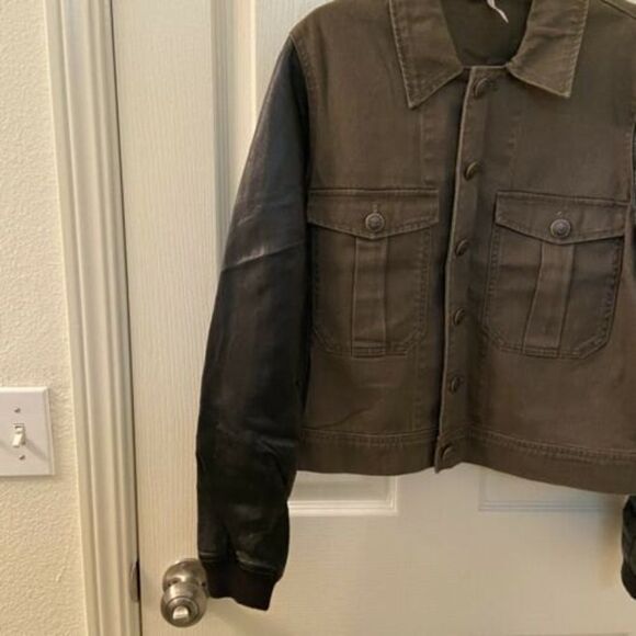 Free People Olive Green Denim Jacket Black Faux Leather Sleeves Women's Size XS - Picture 4 of 9